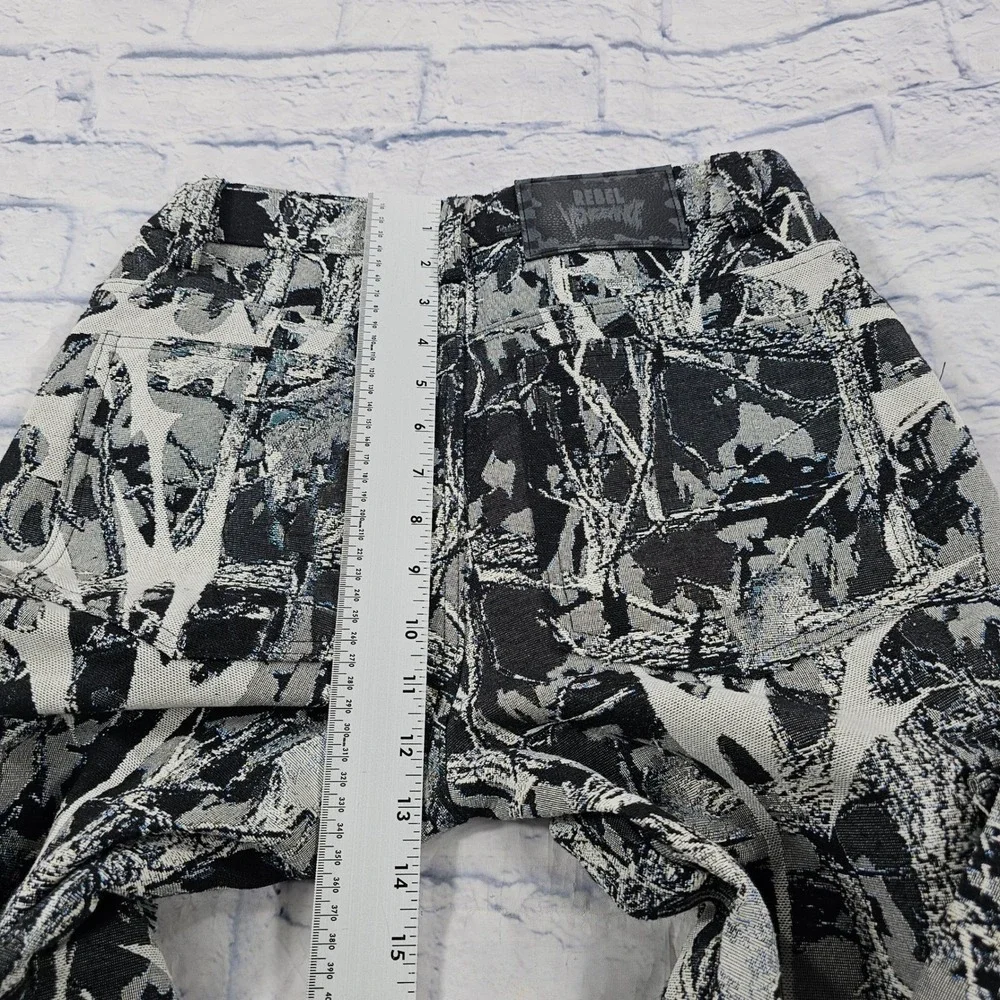 Rebel Vengeance Tapestry Cargo Pants Mens 28 Black White Tree Print Frayed Hem